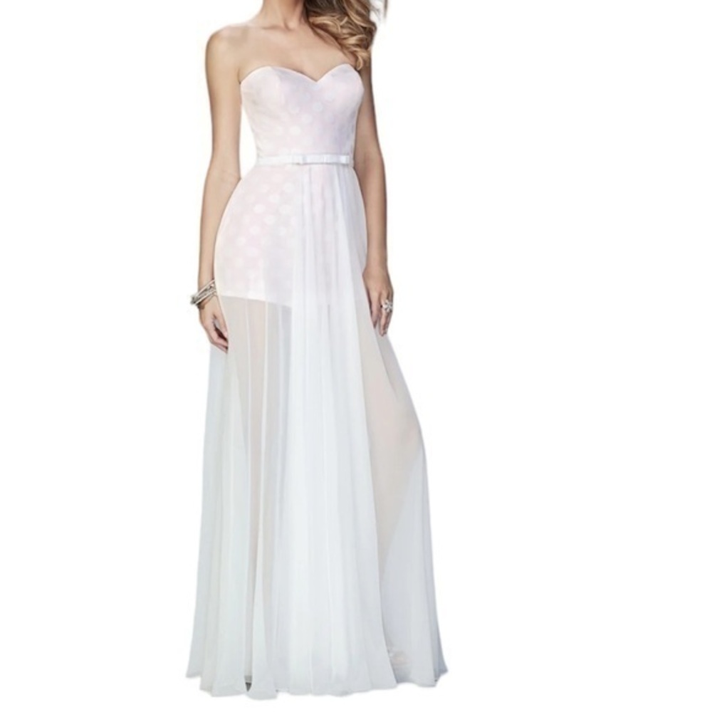 LA FEMME Pink Polka dot jumper with sheer overskirt formal gown